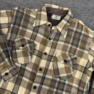 Vintage CPO Flannel Shirt Jacket Men Large Brown Tan Wool Linen 70s Flap Pocket